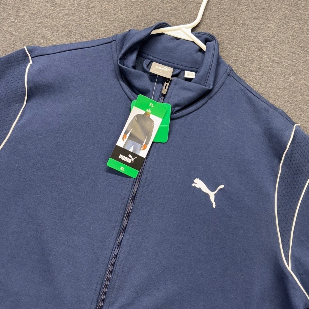 Puma Track Jacket Mens XL Blue Full Zip Athletic Logo Piping Mesh Performance